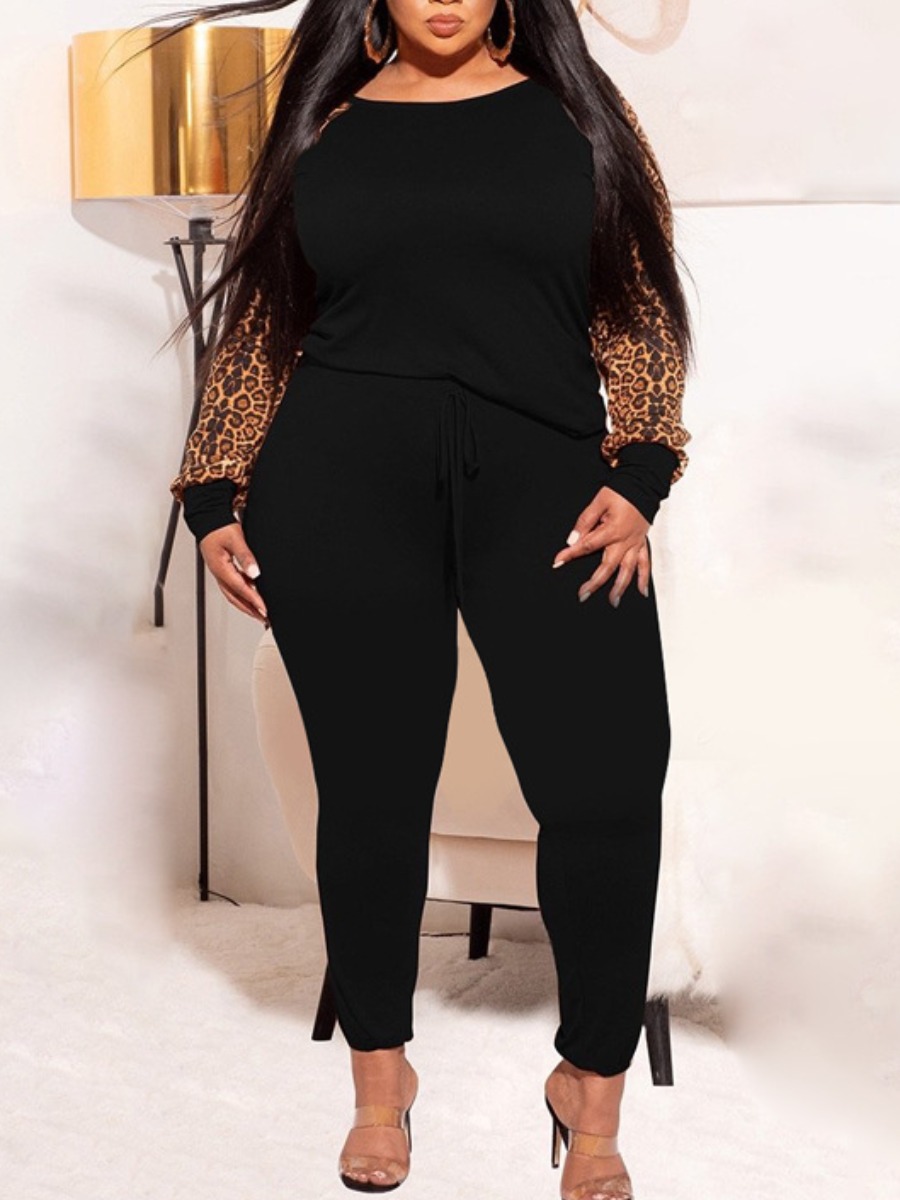 

LW Plus Size Round Neck Leopard Print Pants Set, Black