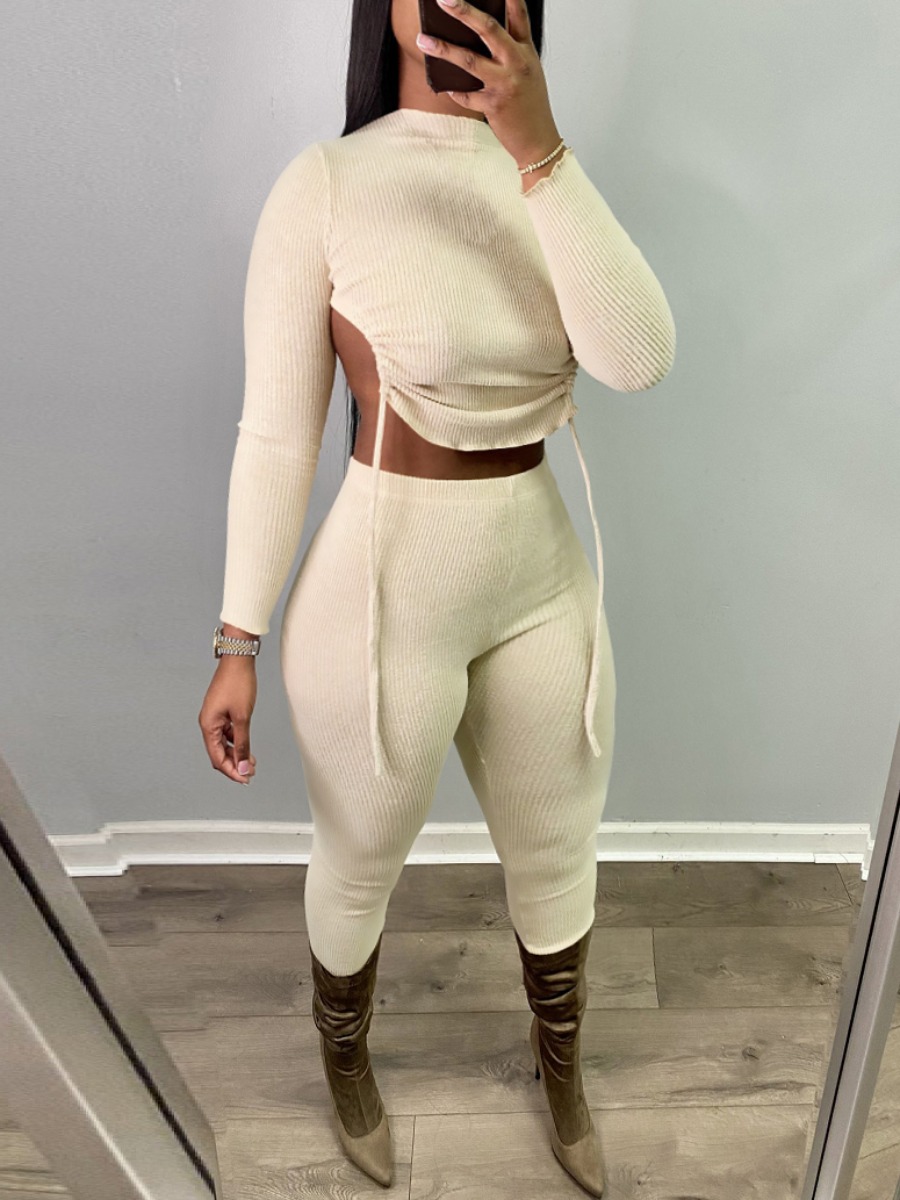 

LW BASICS Plus Size Backless Drawstring Pants Set, Apricot