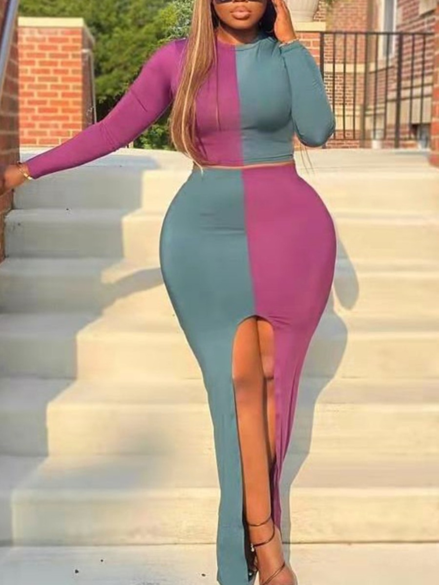 

LW Plus Size Color-lump Front Slit Skirt Set, Purple