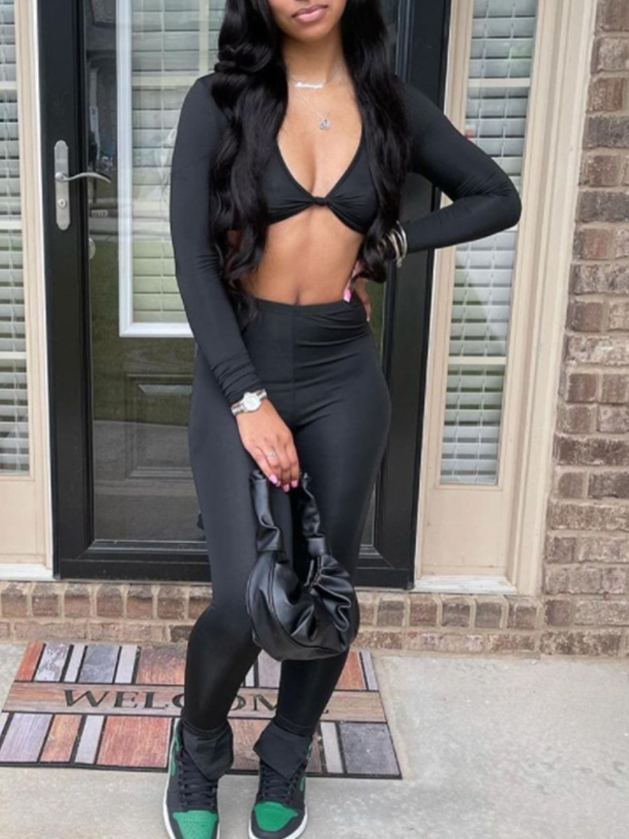 LovelyWholesale SXY High-waisted Crop Top Pants Set Fall Long Sleeve Sxy Knotted U Neck Spring Summer 2024