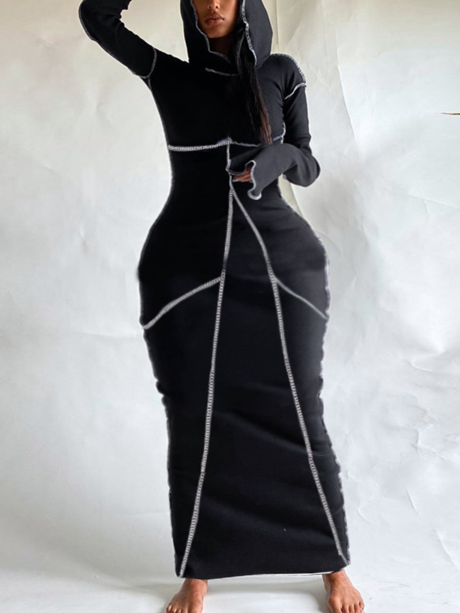 LW Casual Hooded Collar Striped Black Ankle Length Dress