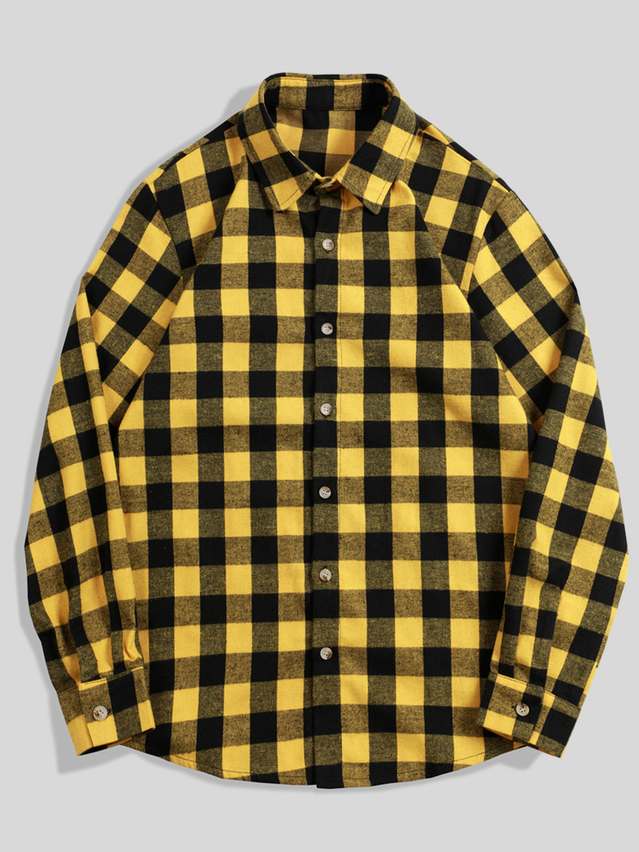 

LW Men Turndown Collar Plaid Print Shirt, Yellow