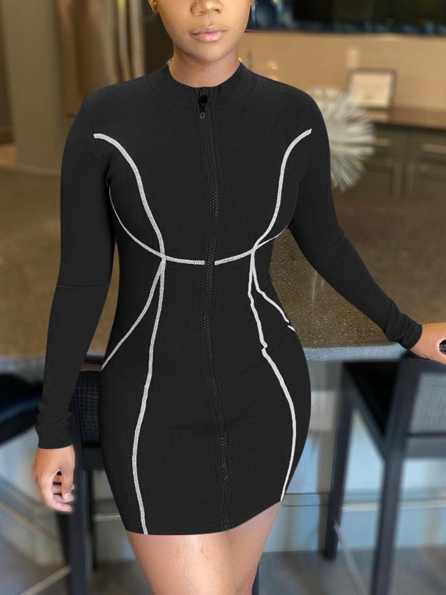

LW Striped Zipper Design Bodycon Dress, Black