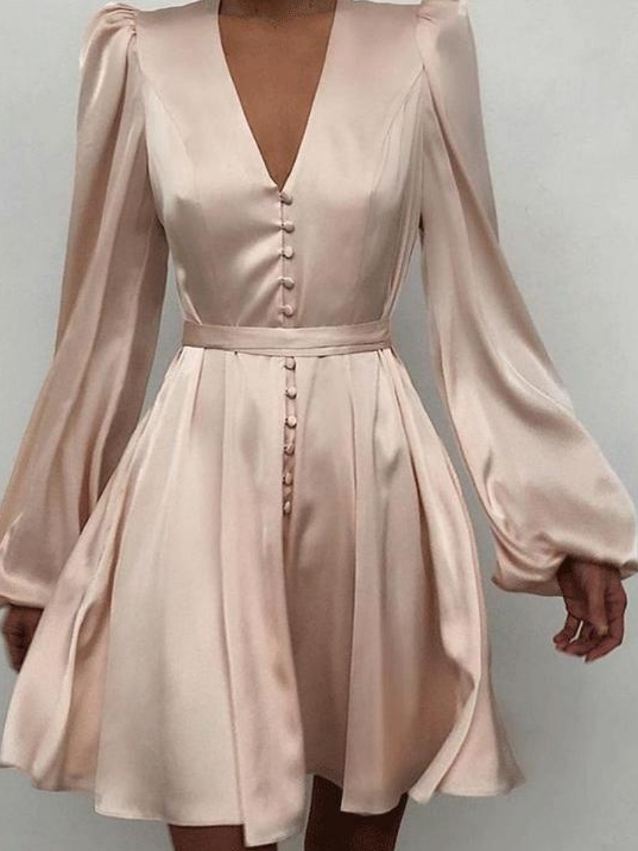 

LW V Neck Ruffle Design A Line Dress, Beige