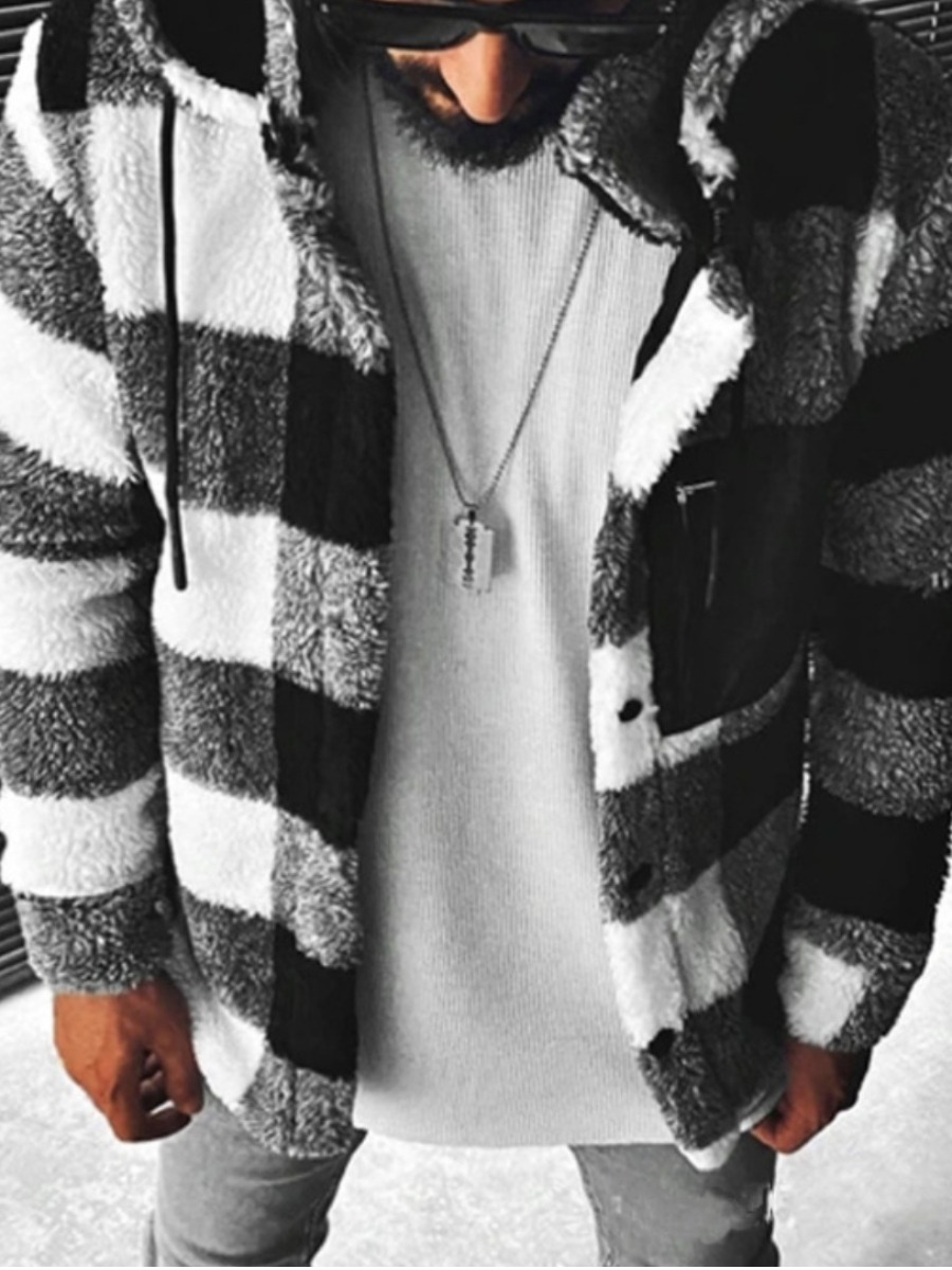 

LW Men Plaid Print Plush Jacket, Black and white