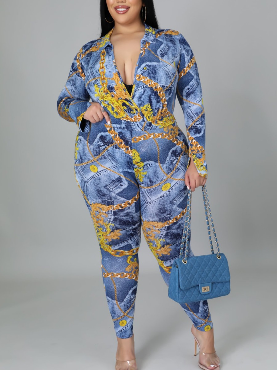 

LW Plus Size Turndown Collar Chain Print Jumpsuit, Blue