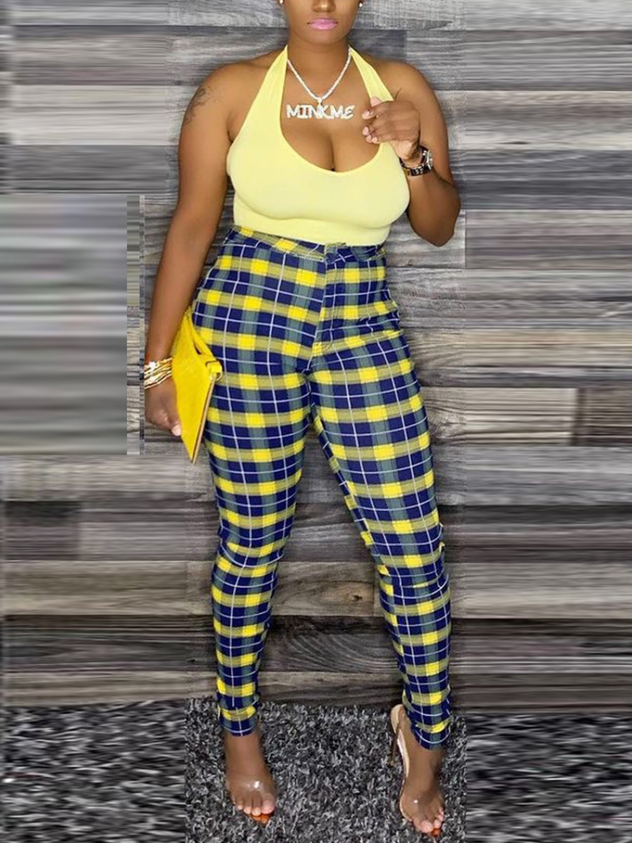 

LW U Neck Plaid Print Pants Set, Yellow