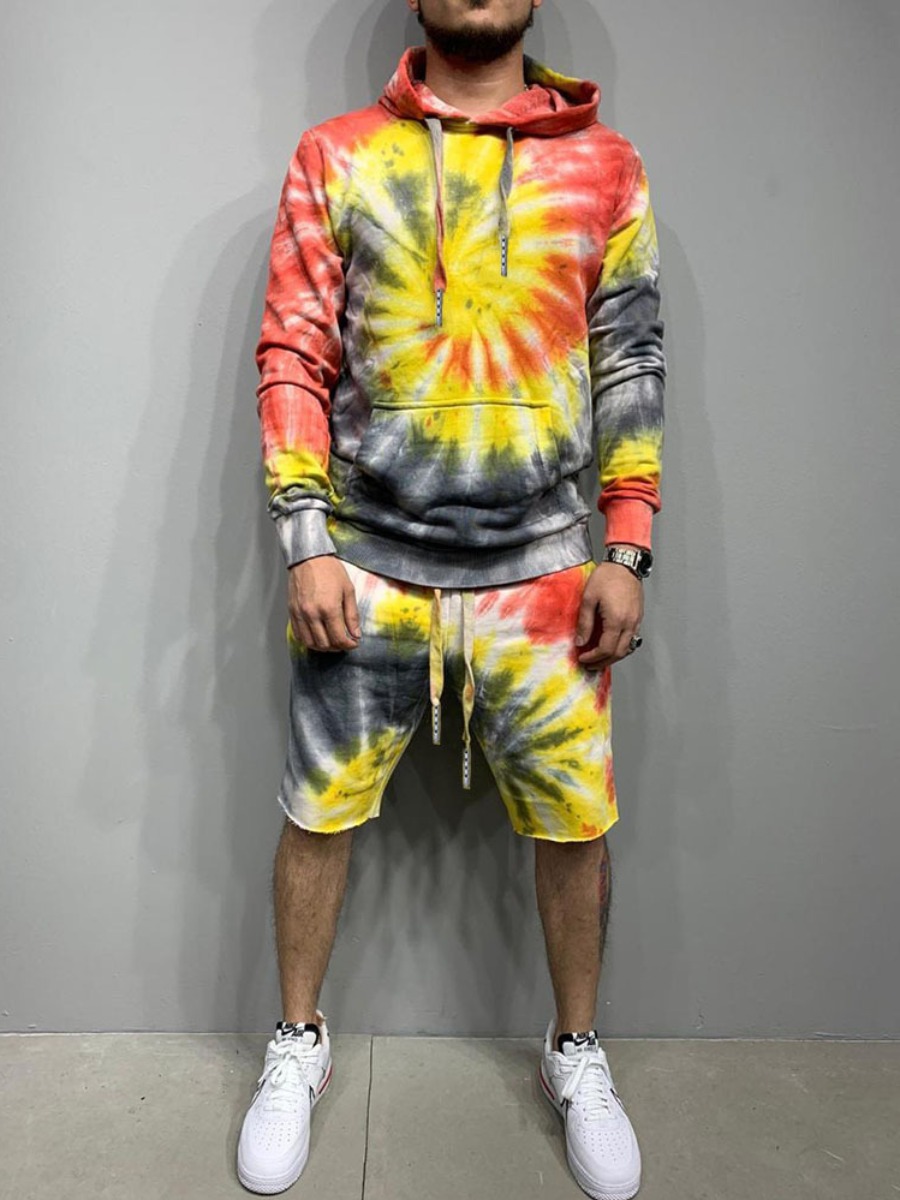 

LW Men Hooded Collar Tie-dye Shorts Set, Multi