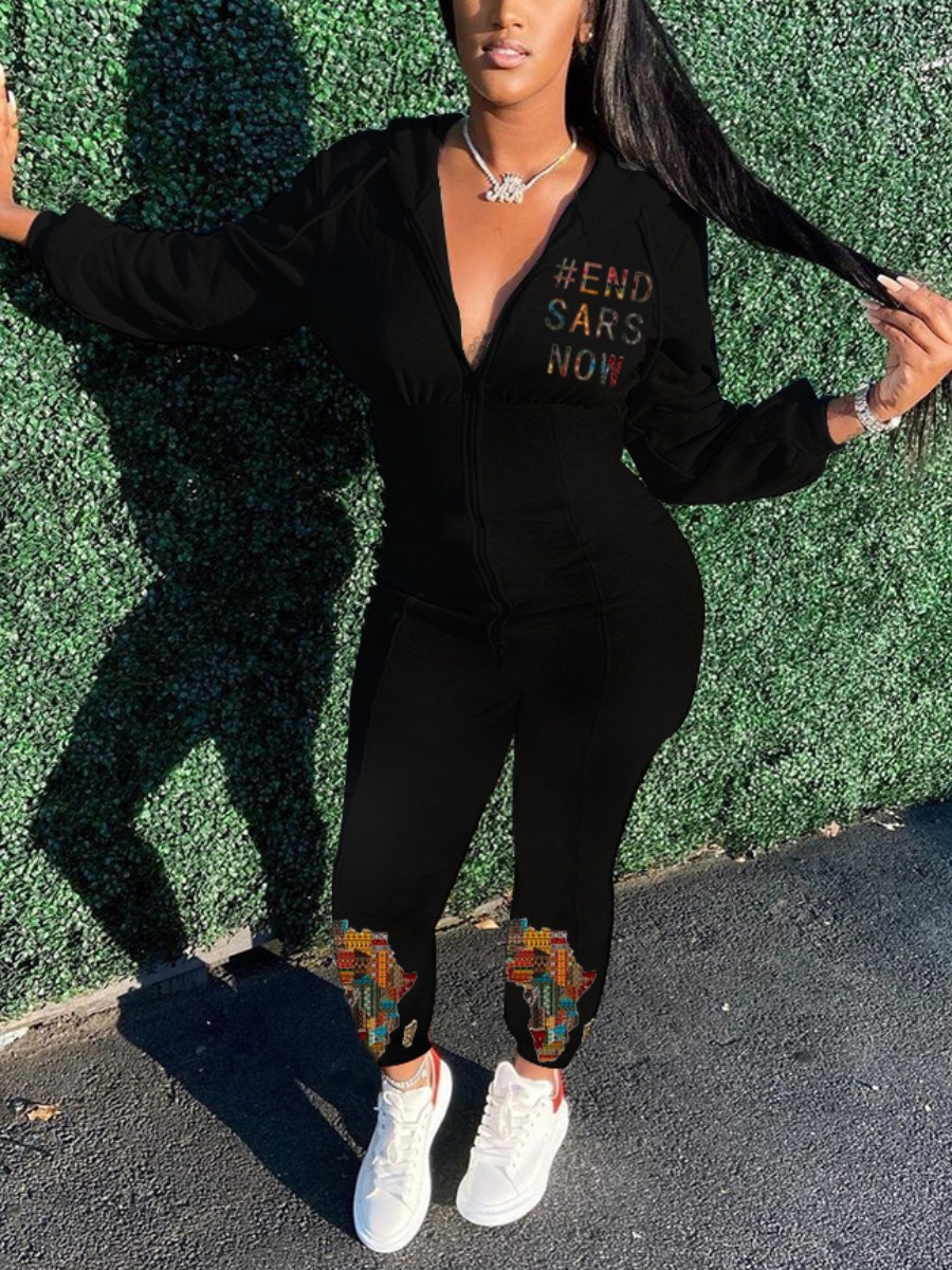 

LW Africa Letter Print Jumpsuit, Black
