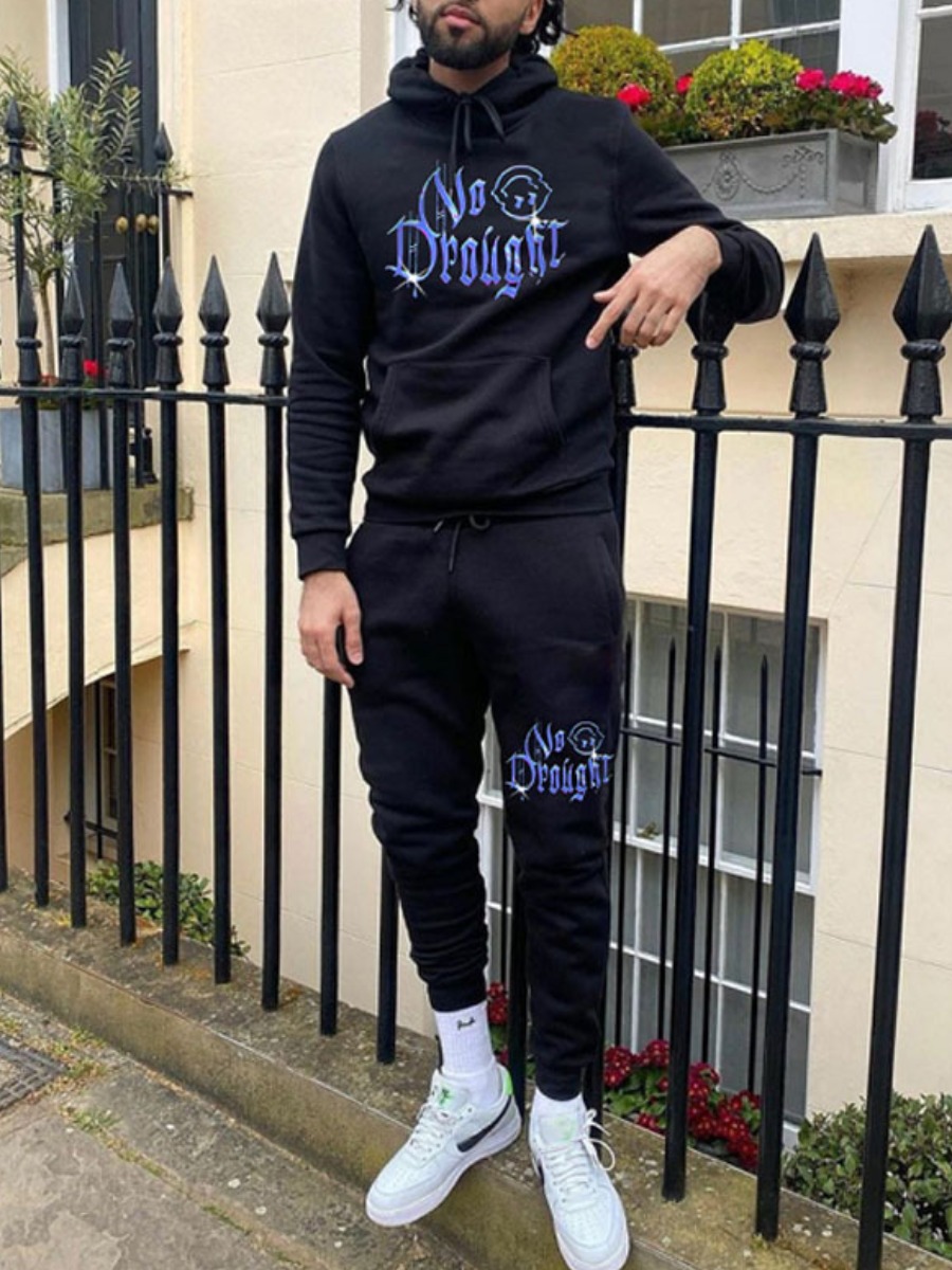 

LW Men Hooded Collar Letter Print Pants Set, Black