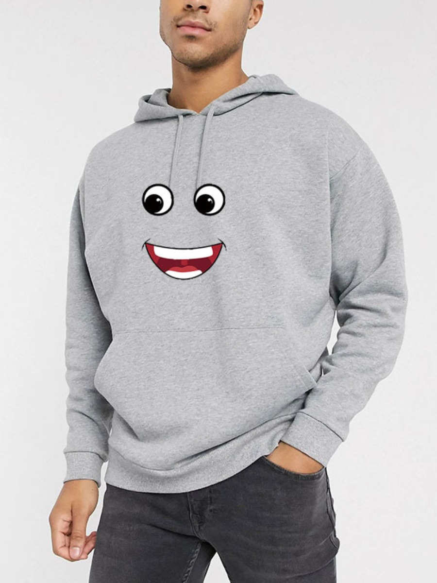 

LW Men Hooded Collar Cartoon Print Hoodie, Grey