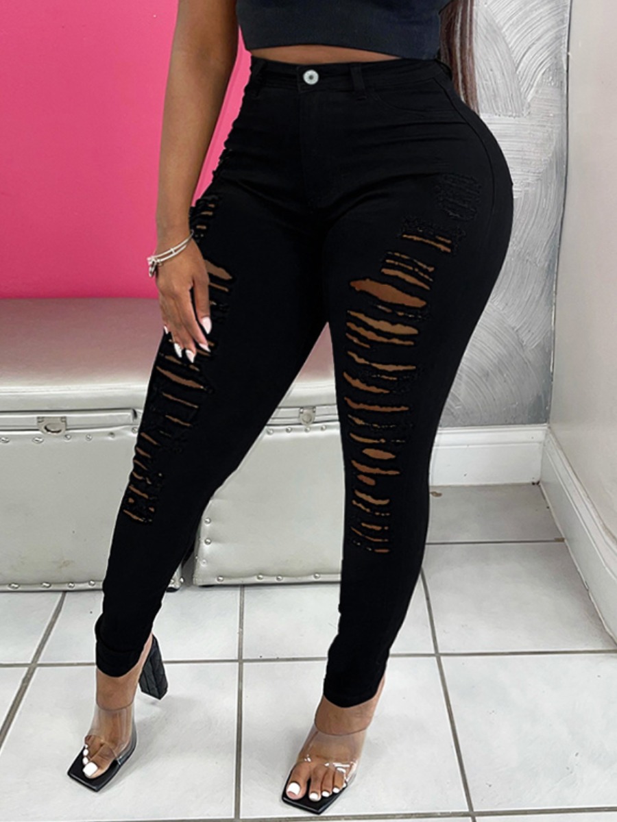 

LW Plus Size High-waisted Ripped Jeans, Black