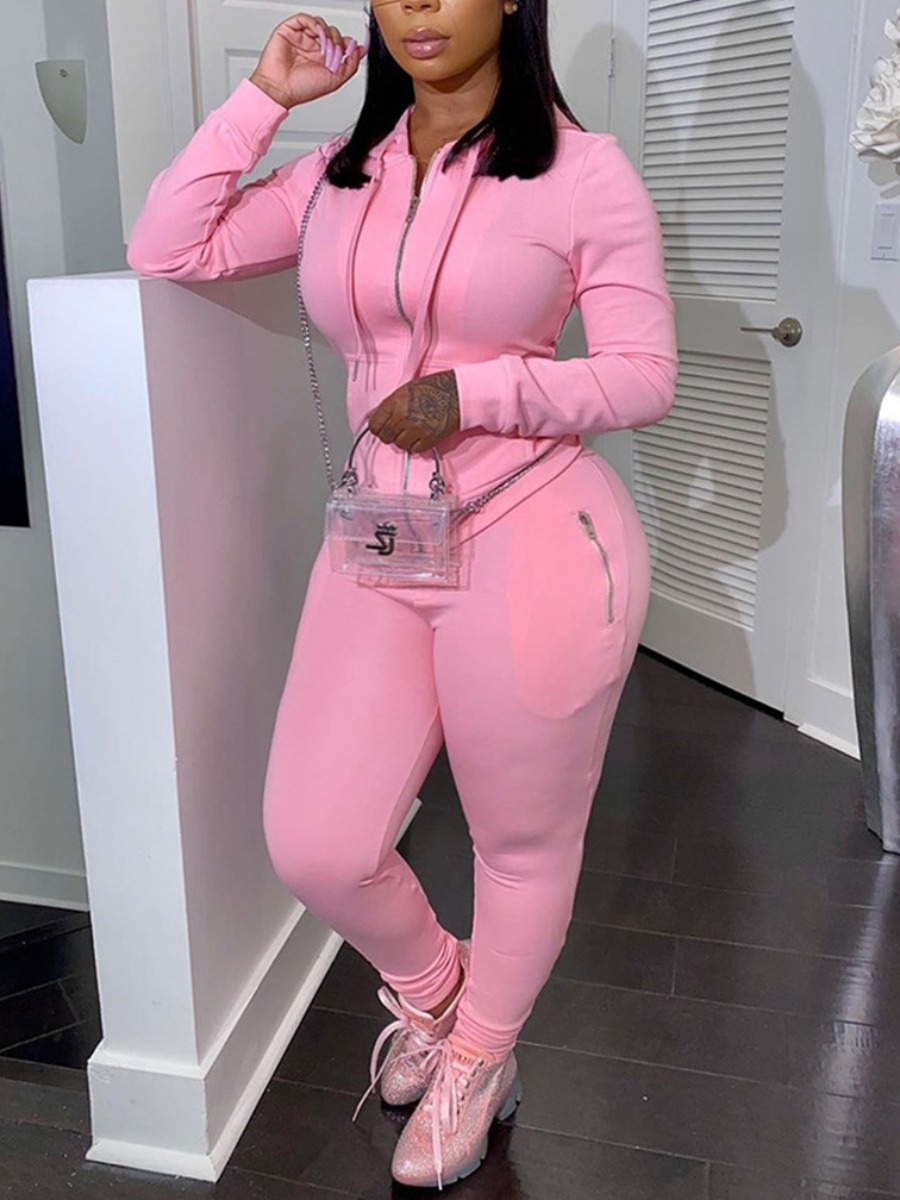 

LW Plus Size Hooded Collar Zipper Design Pants Set, Light pink