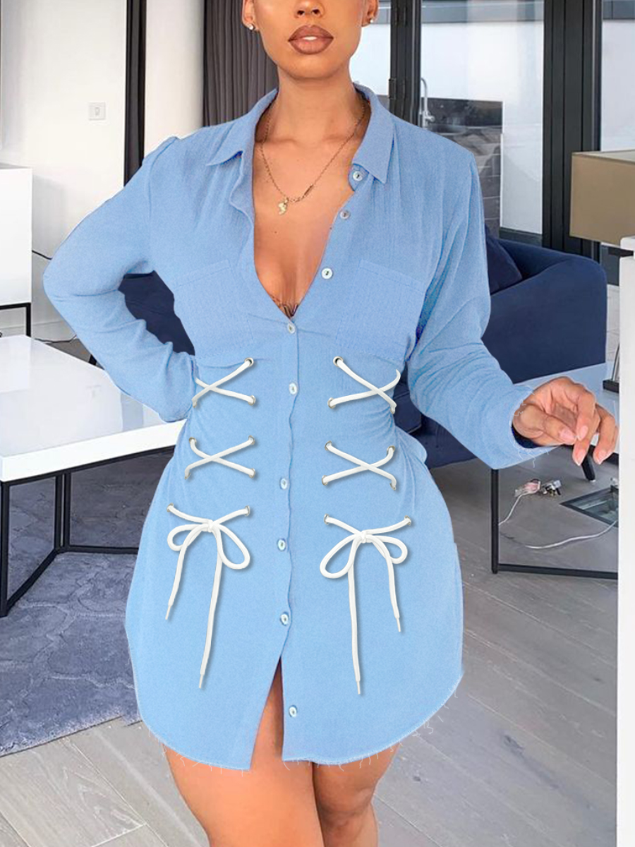 

LW Button Bandage Design Denim Coat, Baby blue