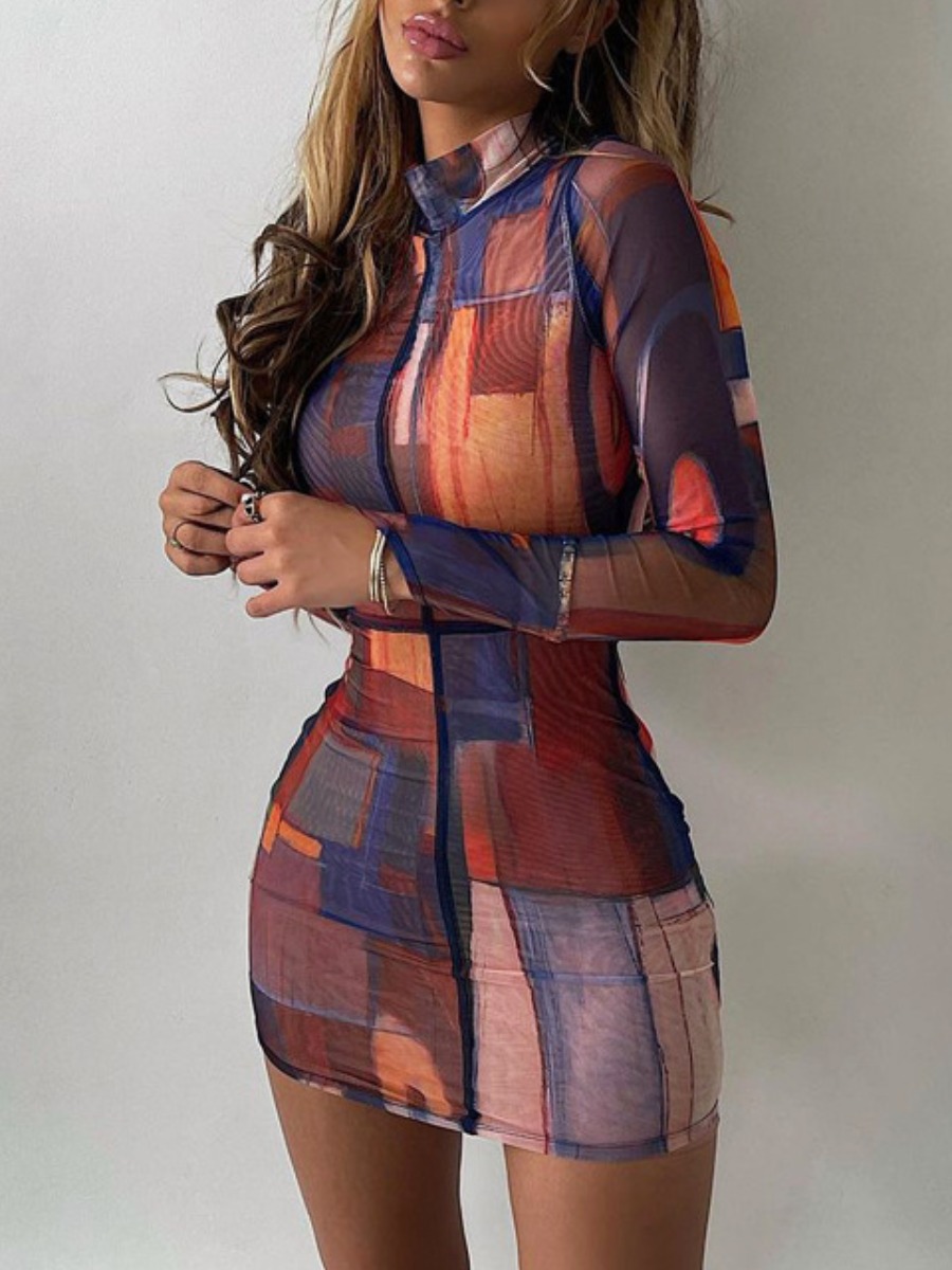 

LW Turtleneck Mixed Print Bodycon Dress, Multi