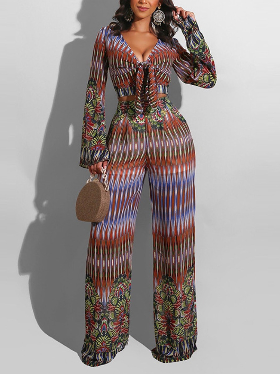

LW Floral Print Striped Wide Leg Pants Set, Deep orange