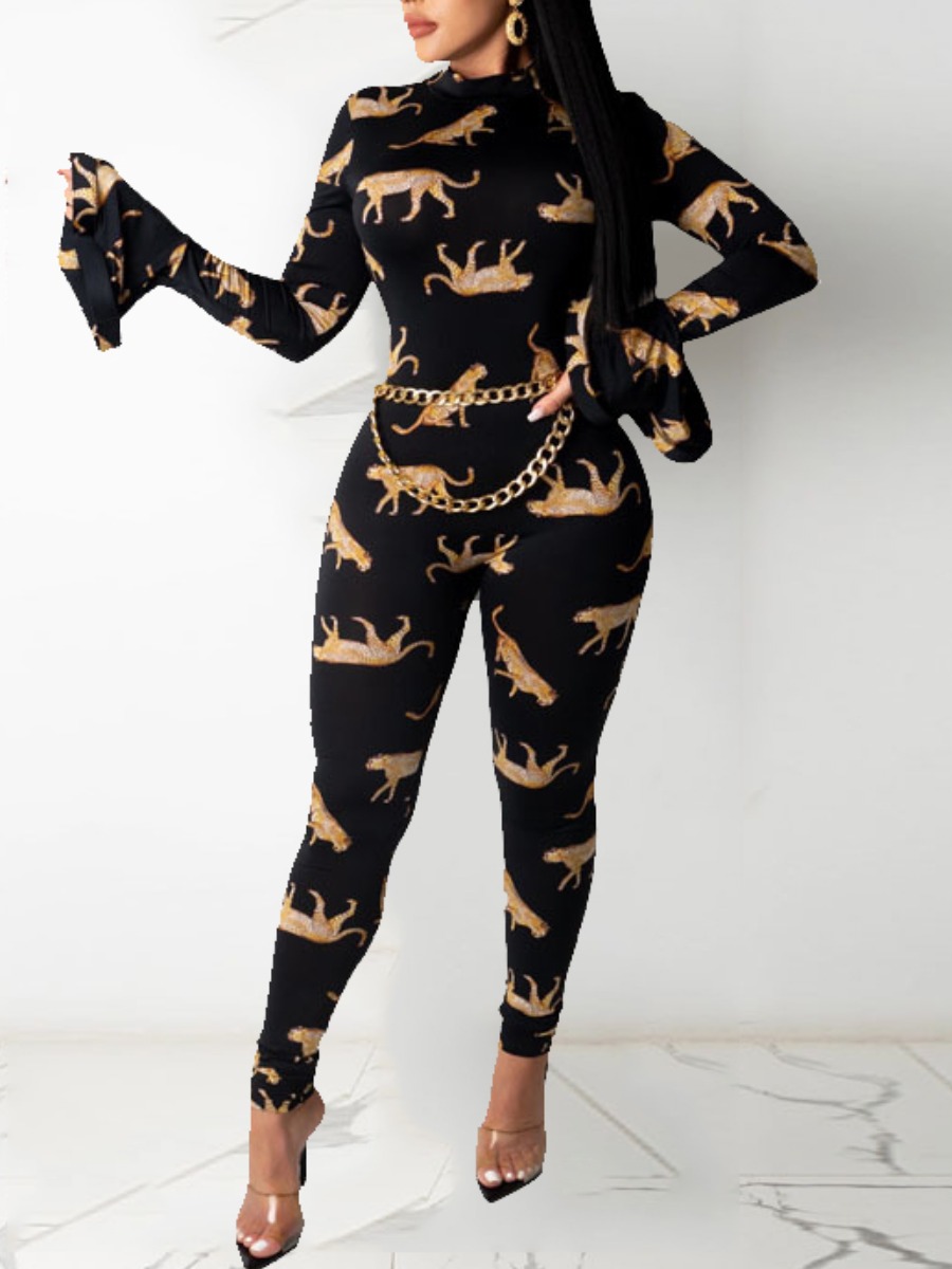 

LW Animal Print Backless Flared Jumpsuit (Without Waist Chain), Black