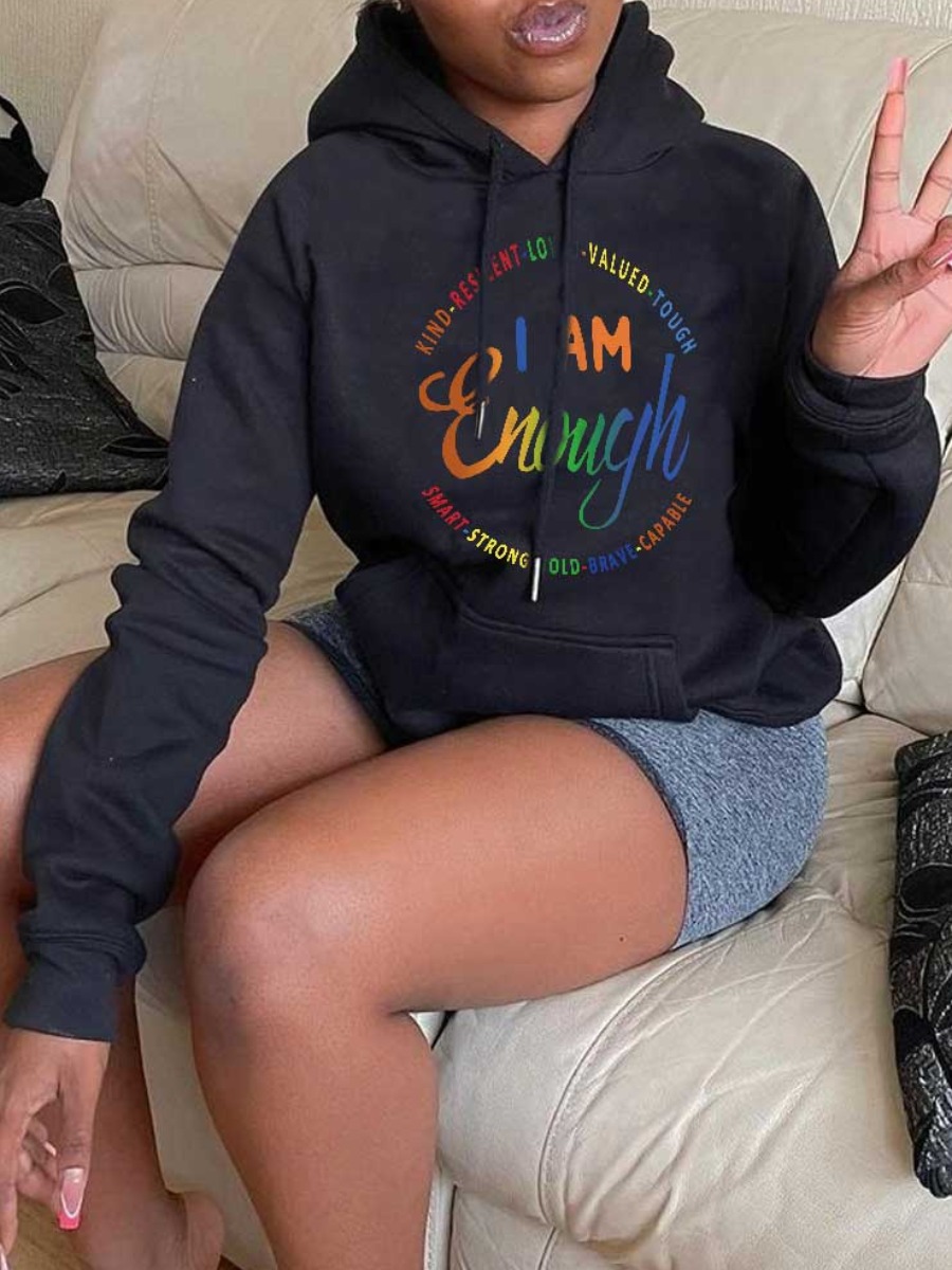 LovelyWholesale Letter Print Kangaroo Pocket Hoodie Fall Casual Basic Hooded Collar Spring Summer 2024