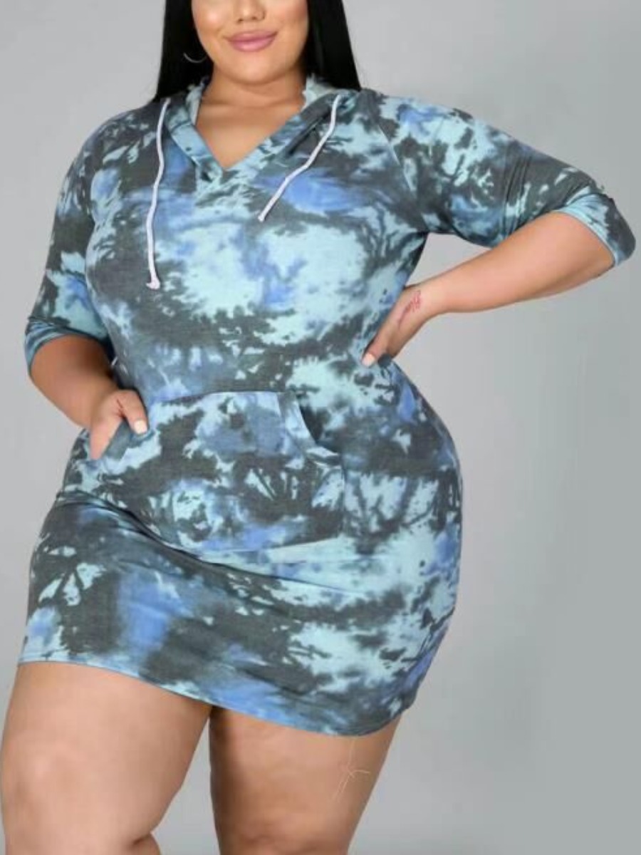 

LW Plus SizeTie-dye Kangaroo Pocket Sweat Dress, Blue