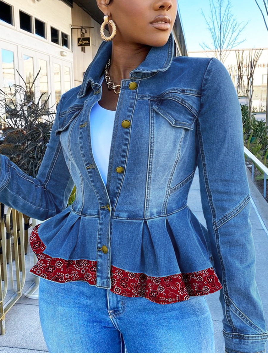 

LW Cashew Print Flounce Design Denim Jacket, Baby blue