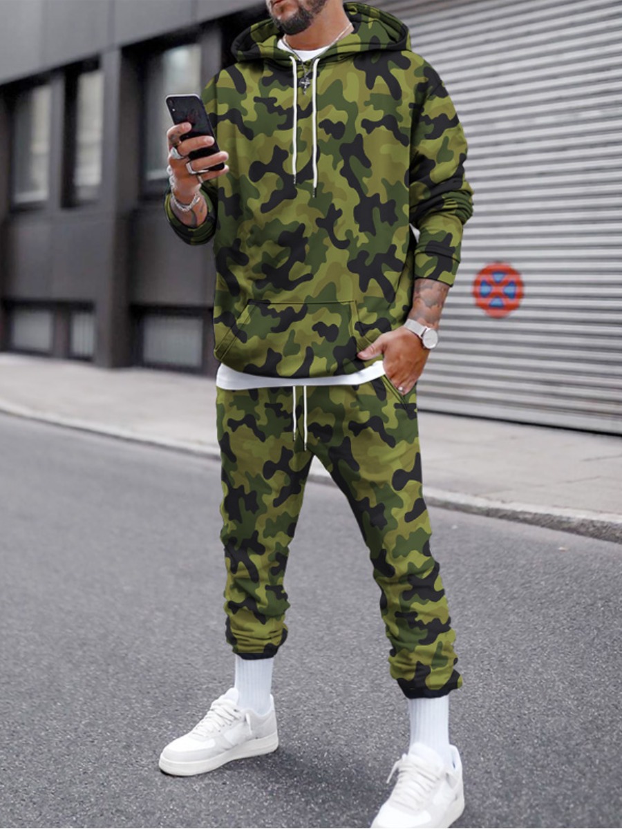 

LW Men Camo Print Drawstring Pants Set, Army green camouflag