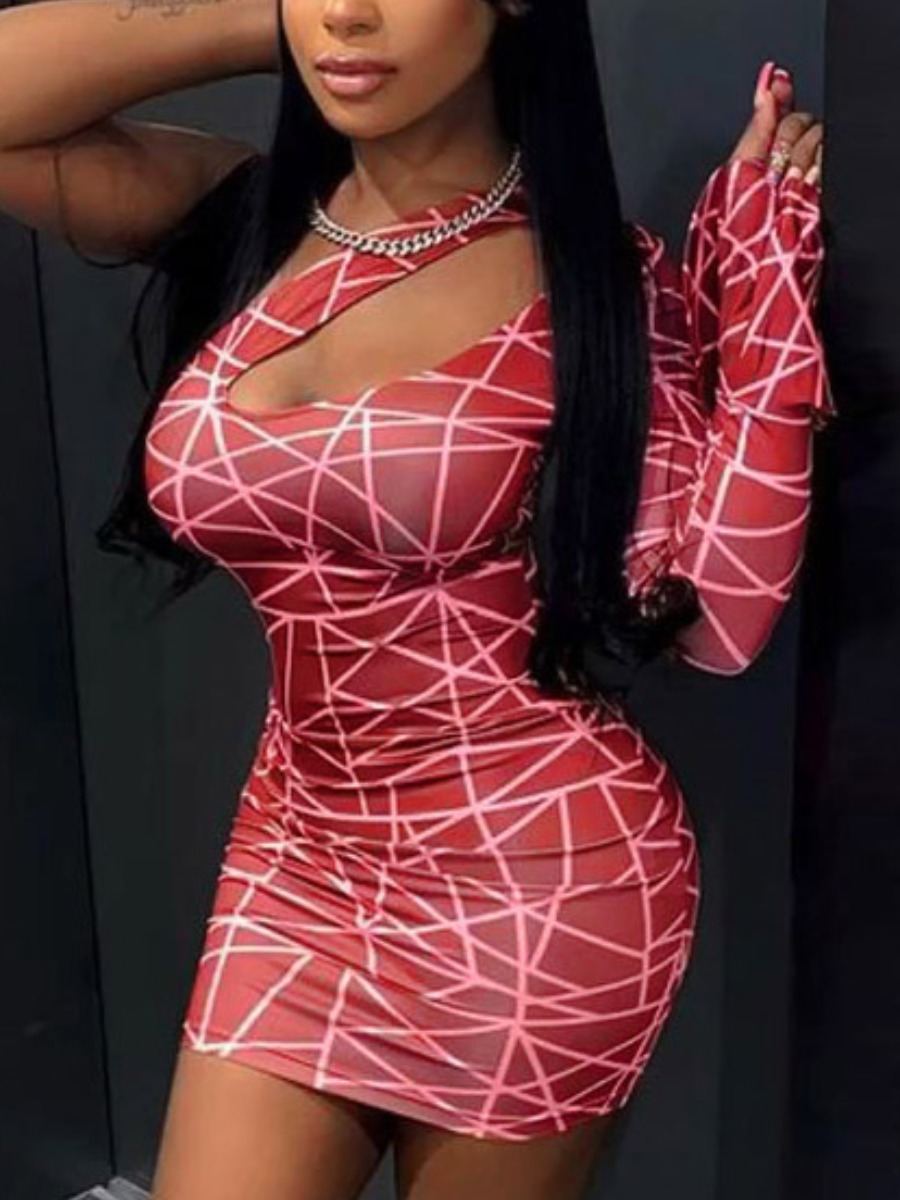 

LW SXY Geometric Print Hollow-out Bodycon Dress, Dull red