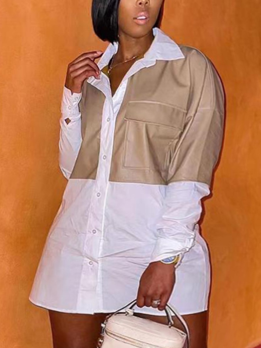 

LW Plus Size Turndown Collar Pocket Design Shirt Dress, White