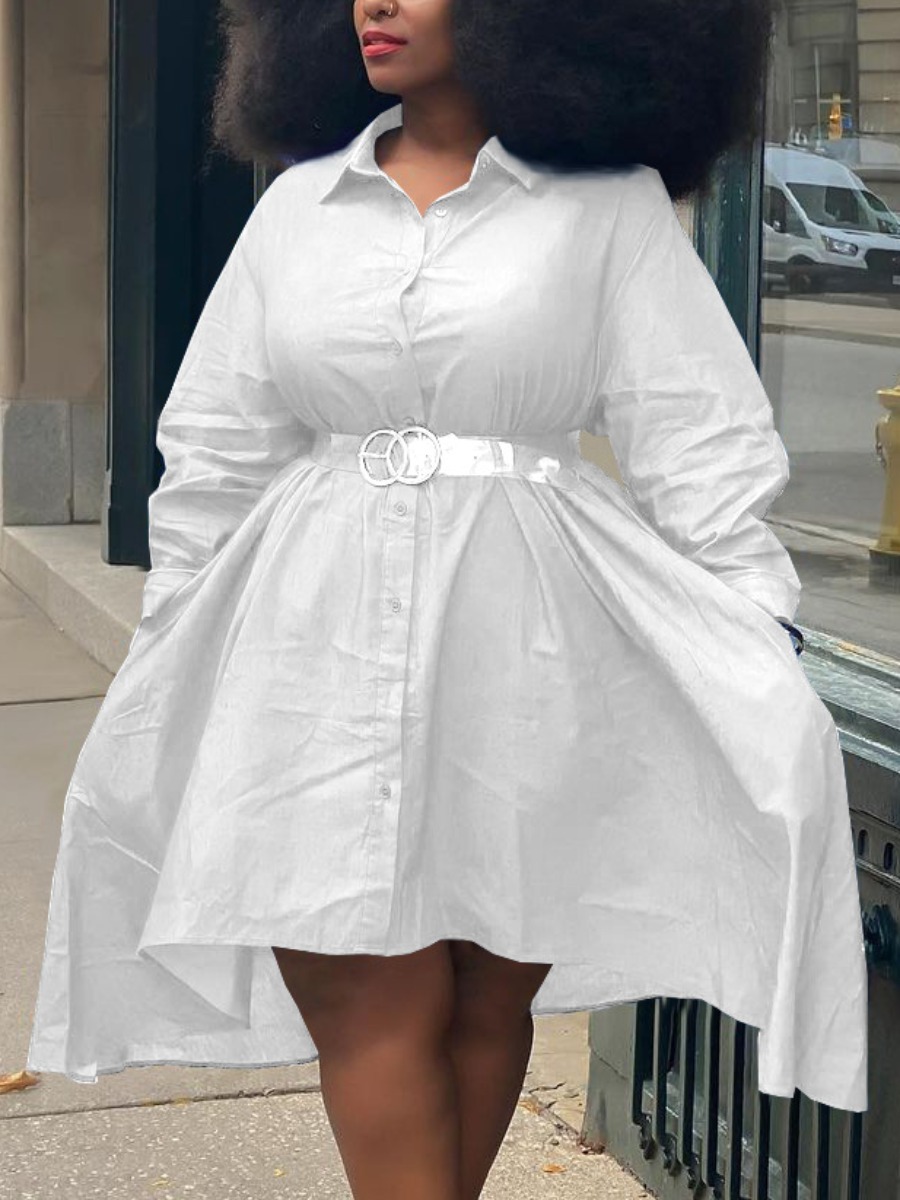 

LW Plus Size Turndown Collar Pocket Design Shirt Dress (Without Belt), White