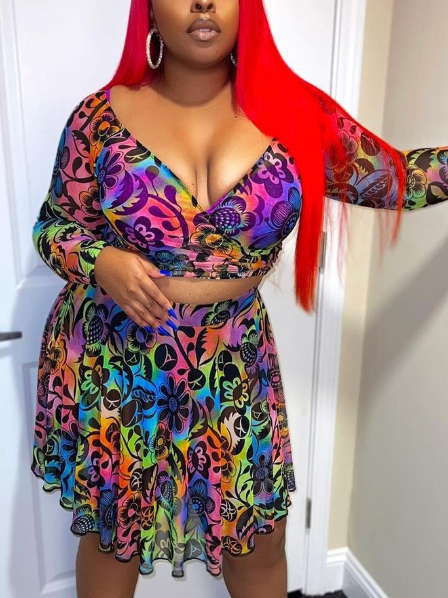 

LW Plus Size Gradient Mixed Print Skirt Set, Multi