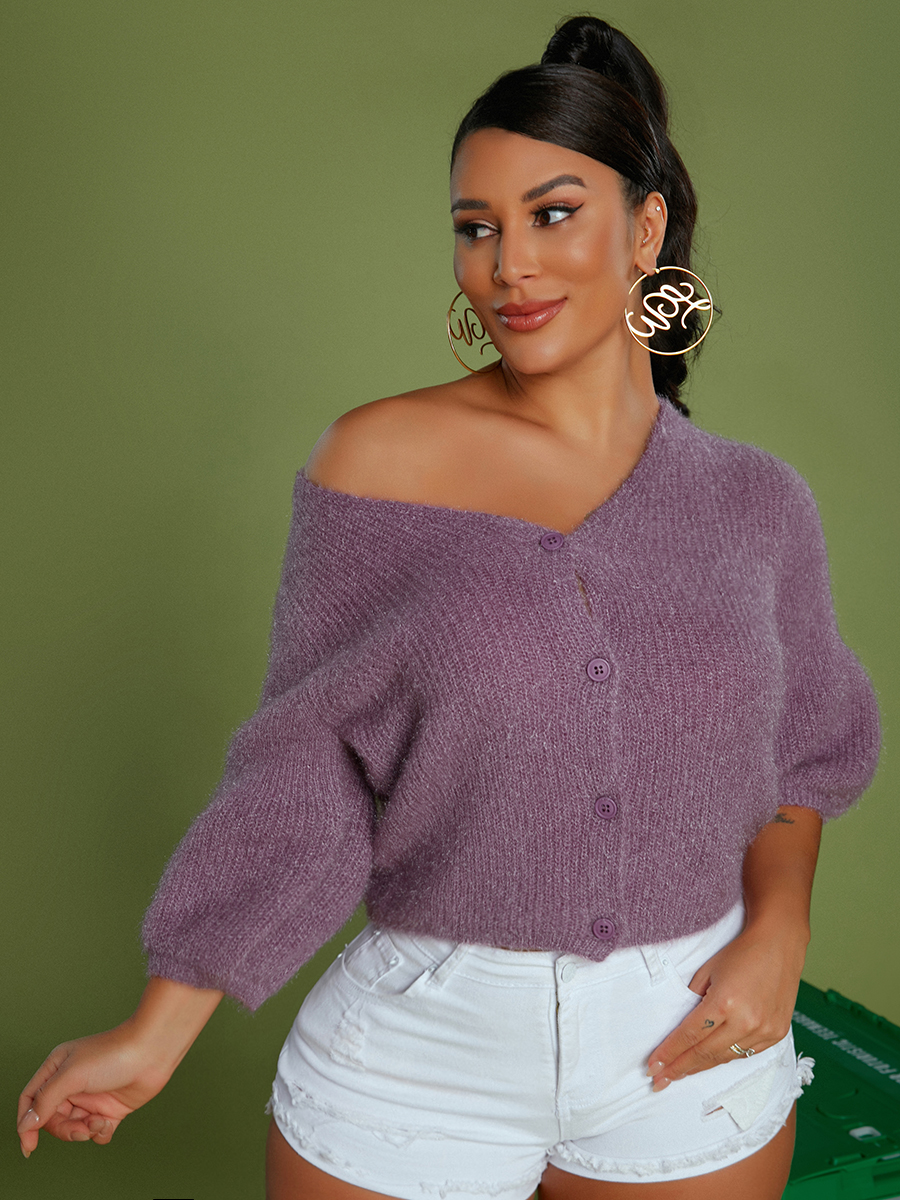 

LW V Neck Button Design Cardigan, Purple