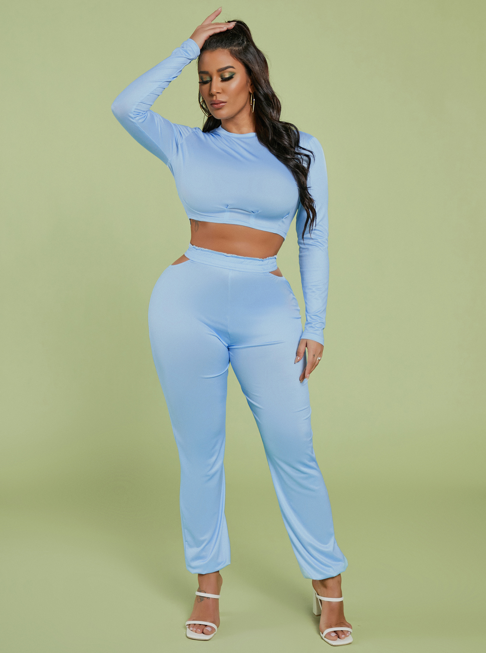 

LW BASICS Round Neck Hollow-out Pants Set, Blue
