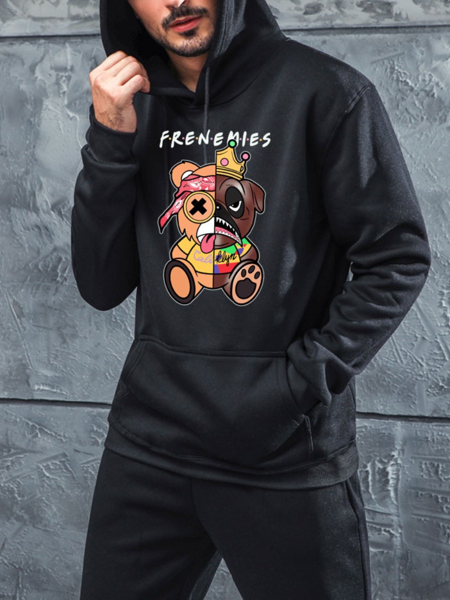 

LW Men Cartoon Letter Print Hoodie, Black