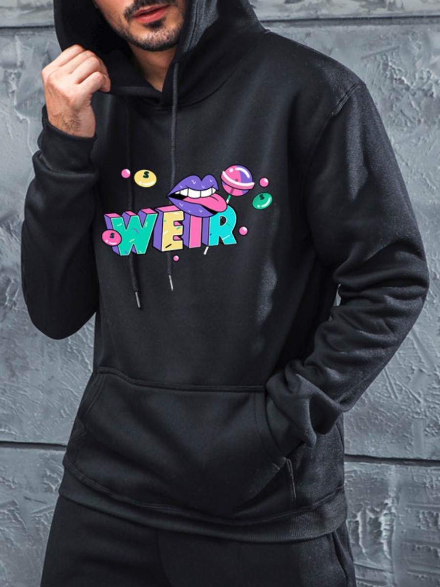 

LW Men Lip Letter Print Hoodie, Black