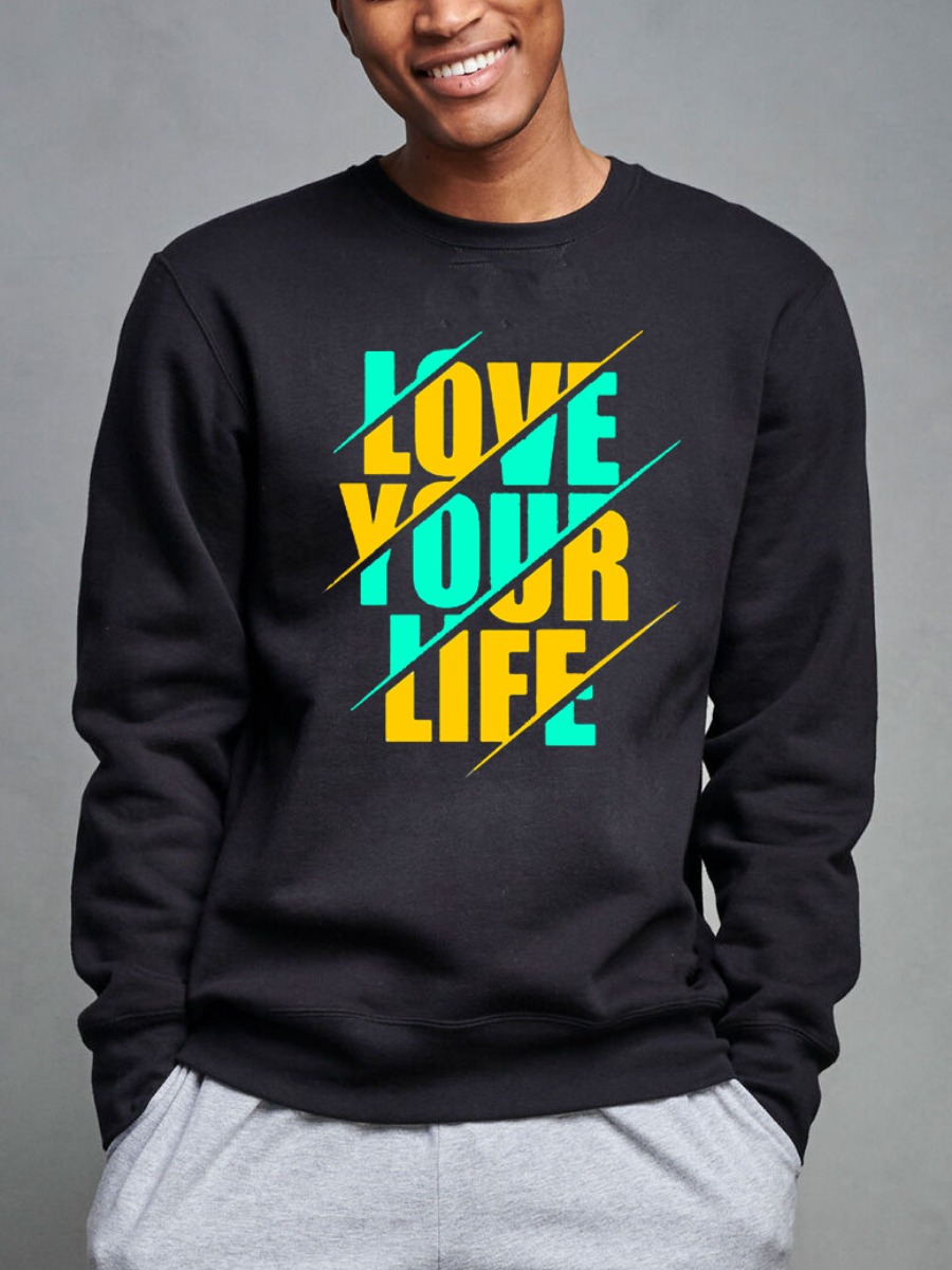 

LW Men Round Neck Letter Print Hoodie, Black