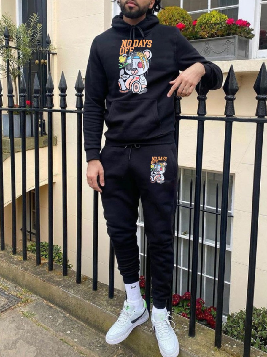 

LW Men Cartoon Letter Print Sweatsuit Set, Black
