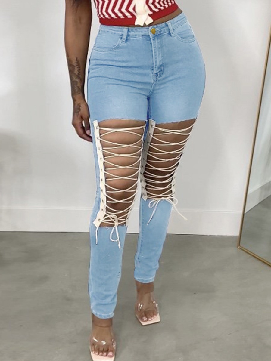 

LW Ripped Bandage Design Jeans, Baby blue