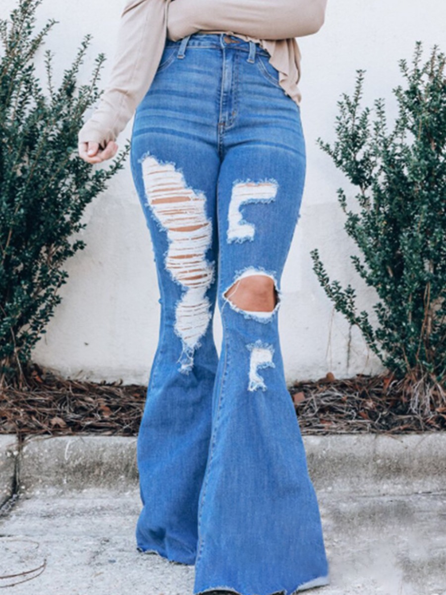 

LW High-waisted Ripped Flared Jeans, Blue