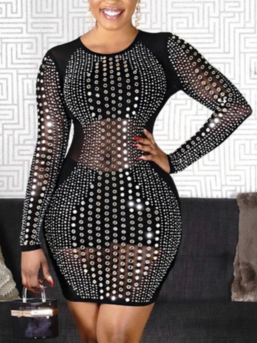 

LW SXY See-through Sequined Bodycon Prom Dress, Black