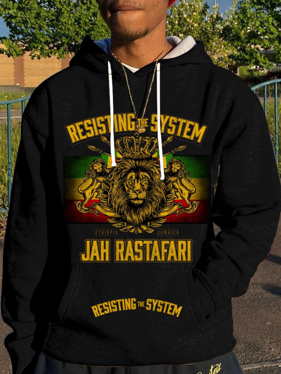 

LW Men Lion Letter Print Oversized Hoodie, Black
