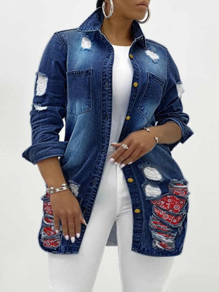 

LW Plus Size Cashew Print Ripped Denim Jacket (No Stretch), Deep blue