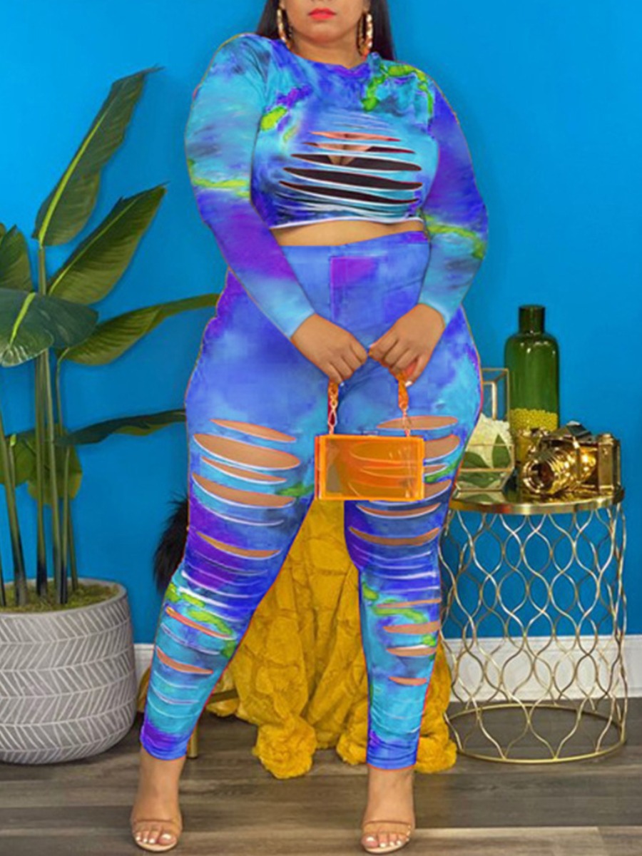 

LW Plus Size Tie-dye Ripped Crop Top Pants Set, Blue