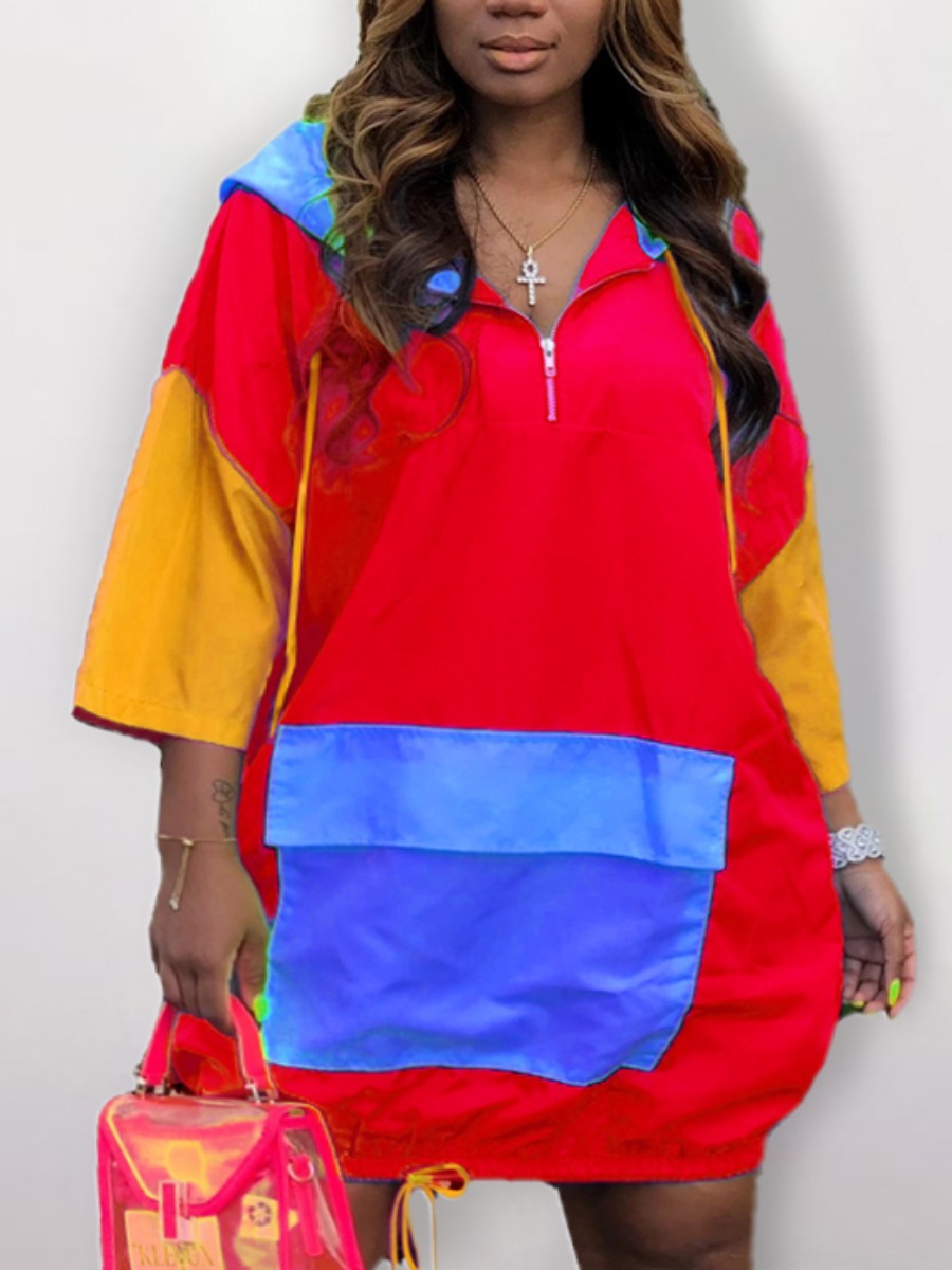 

LW Plus Size Hooded Collar Color-lump Dress, Red