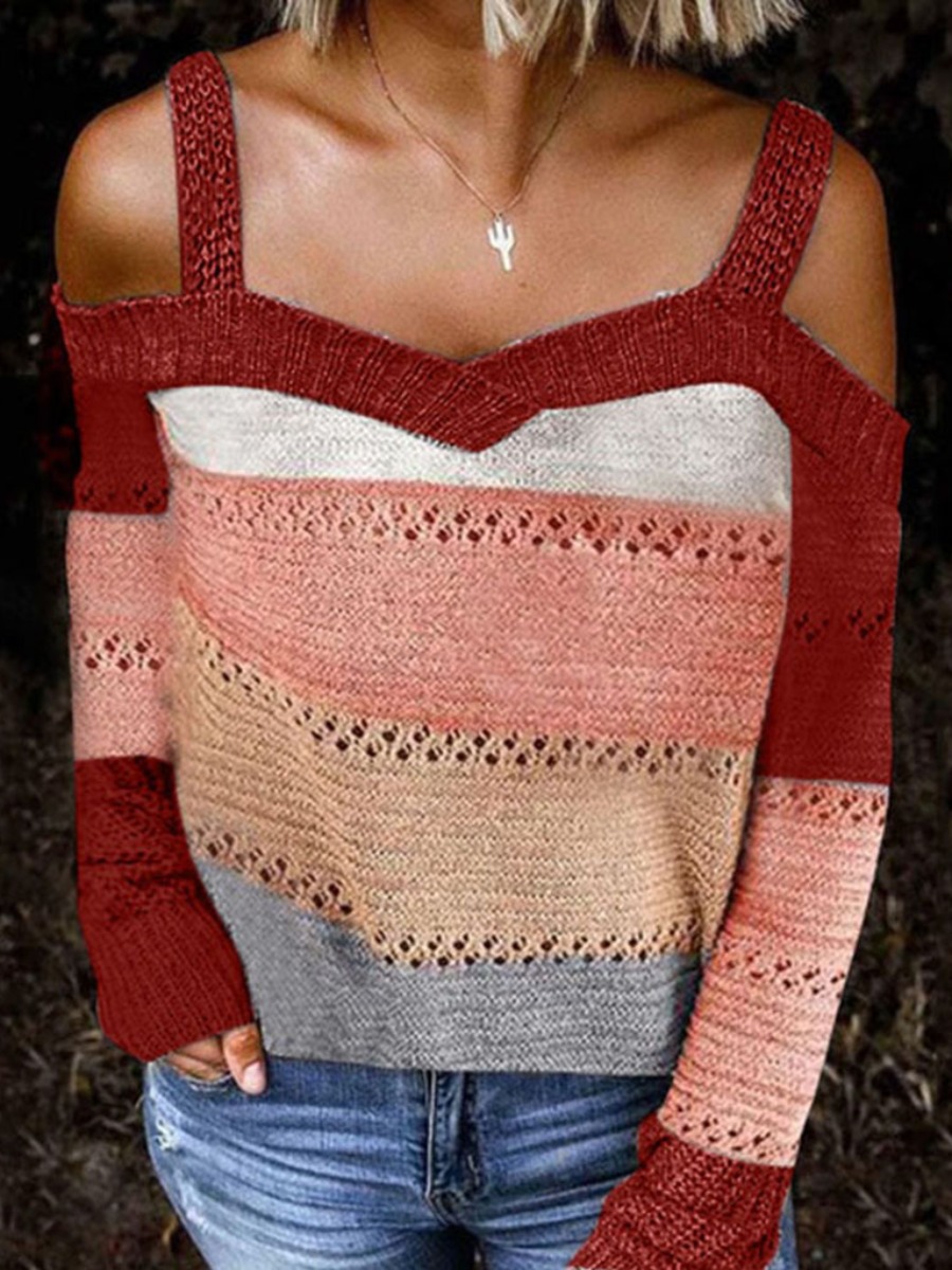 

LW Plus Size Color-lump Hollow-out Sweater, Red