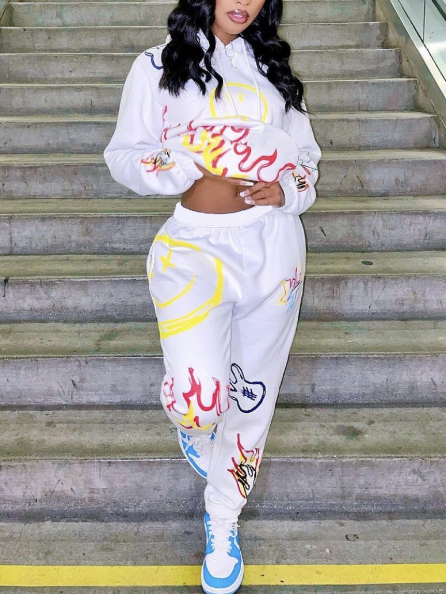 

LW Graffiti Print Oversized Sweatsuit Set, White
