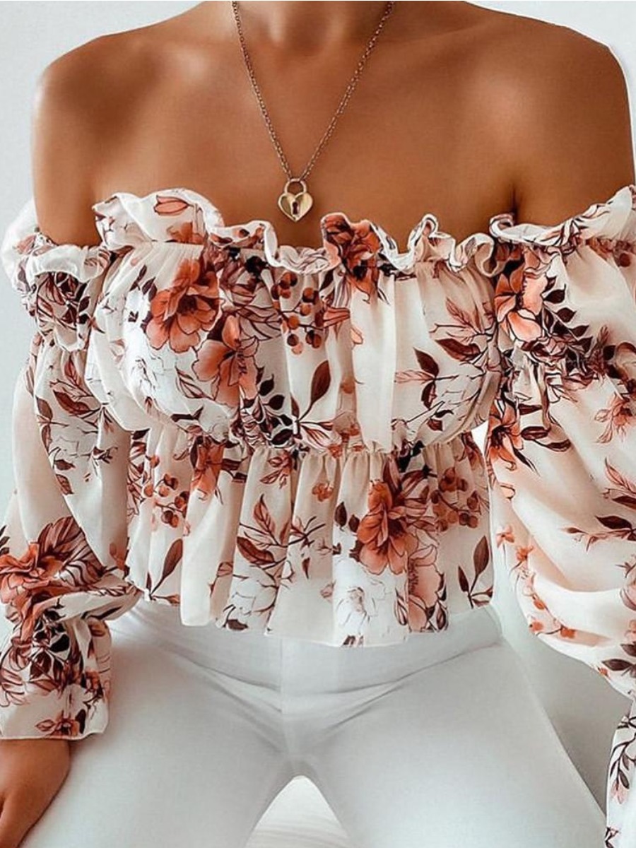 

LW Off The Shoulder Floral Print Flounce Design Blouse, White