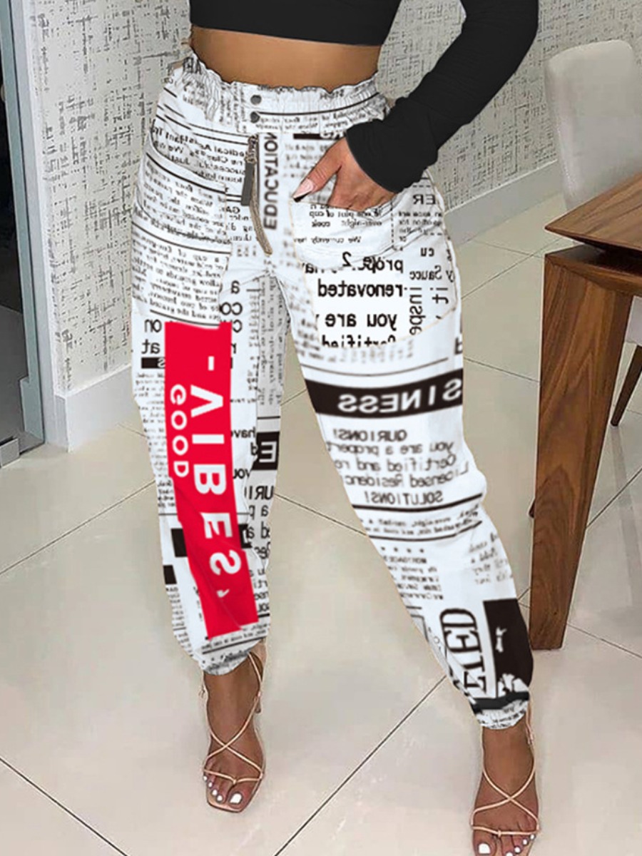 

LW BASICS Newspaper Letter Print Pants, White