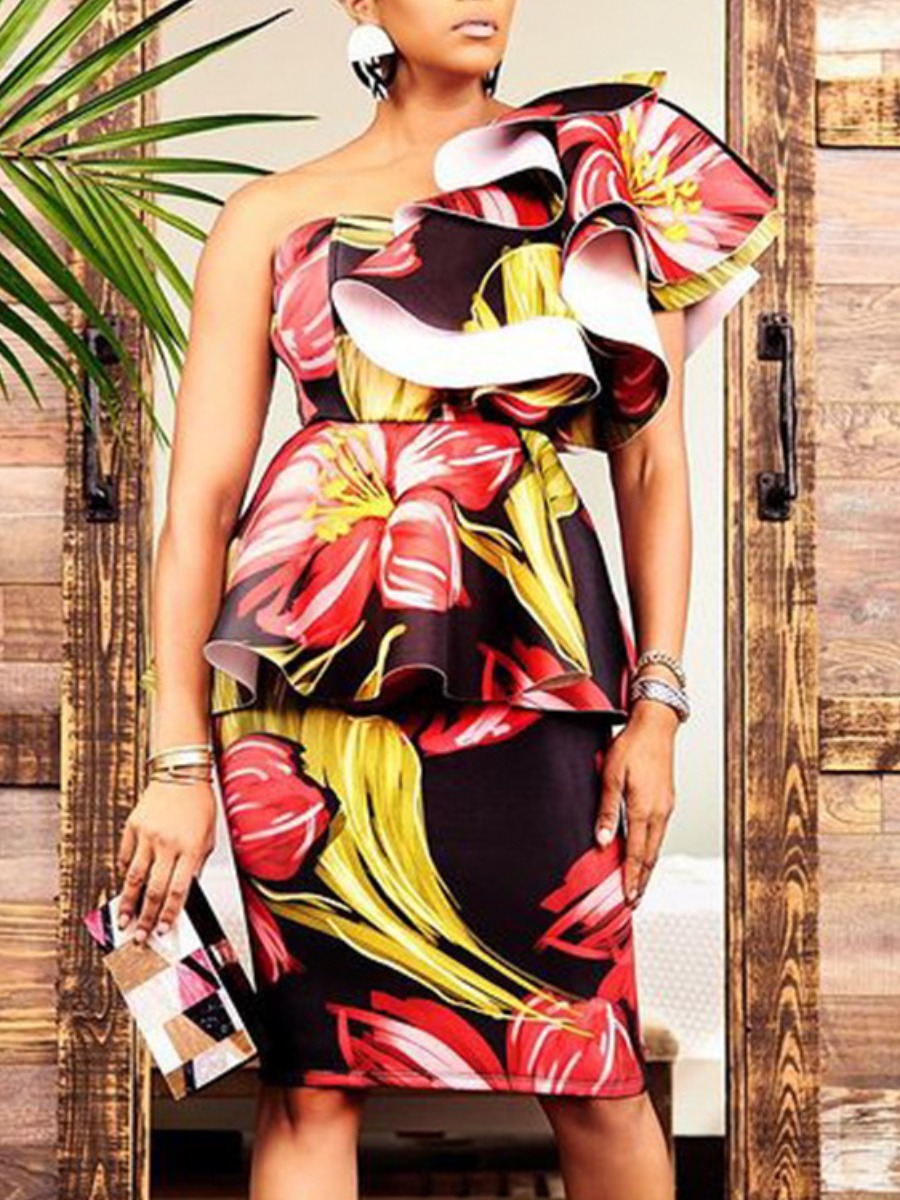 

LW Floral Print Flounce Design Prom Dress, Black