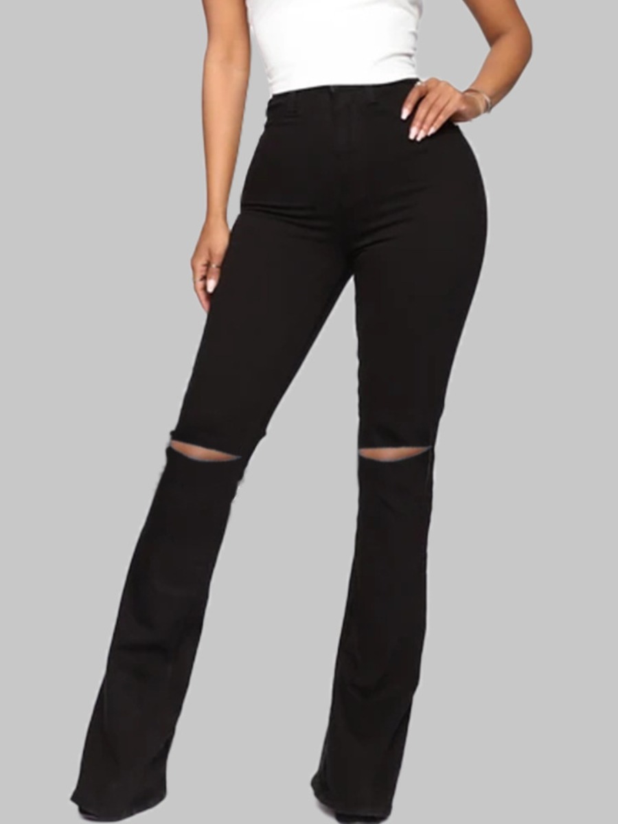 

LW High-waisted Ripped Flared Jeans, Black