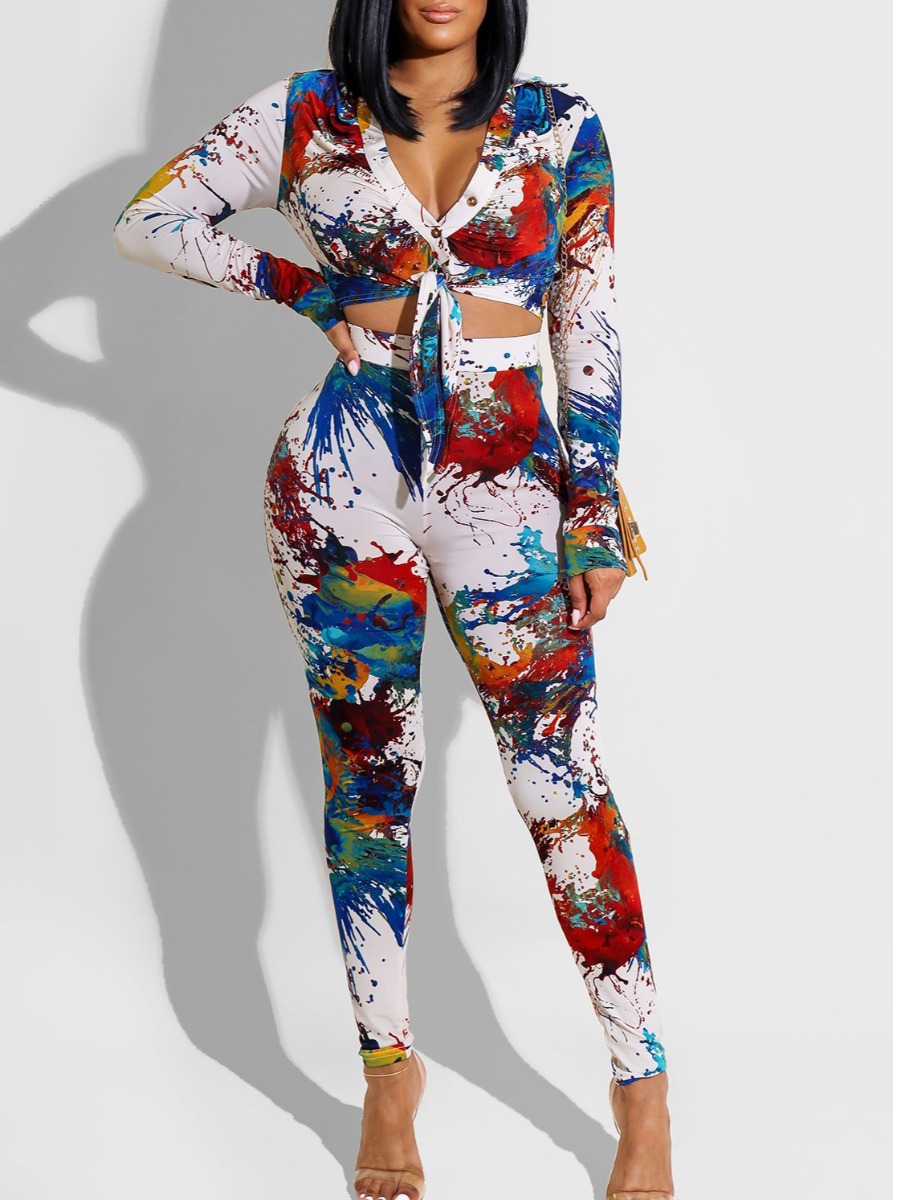 

LW V Neck Splash-ink Design Pants Set, White