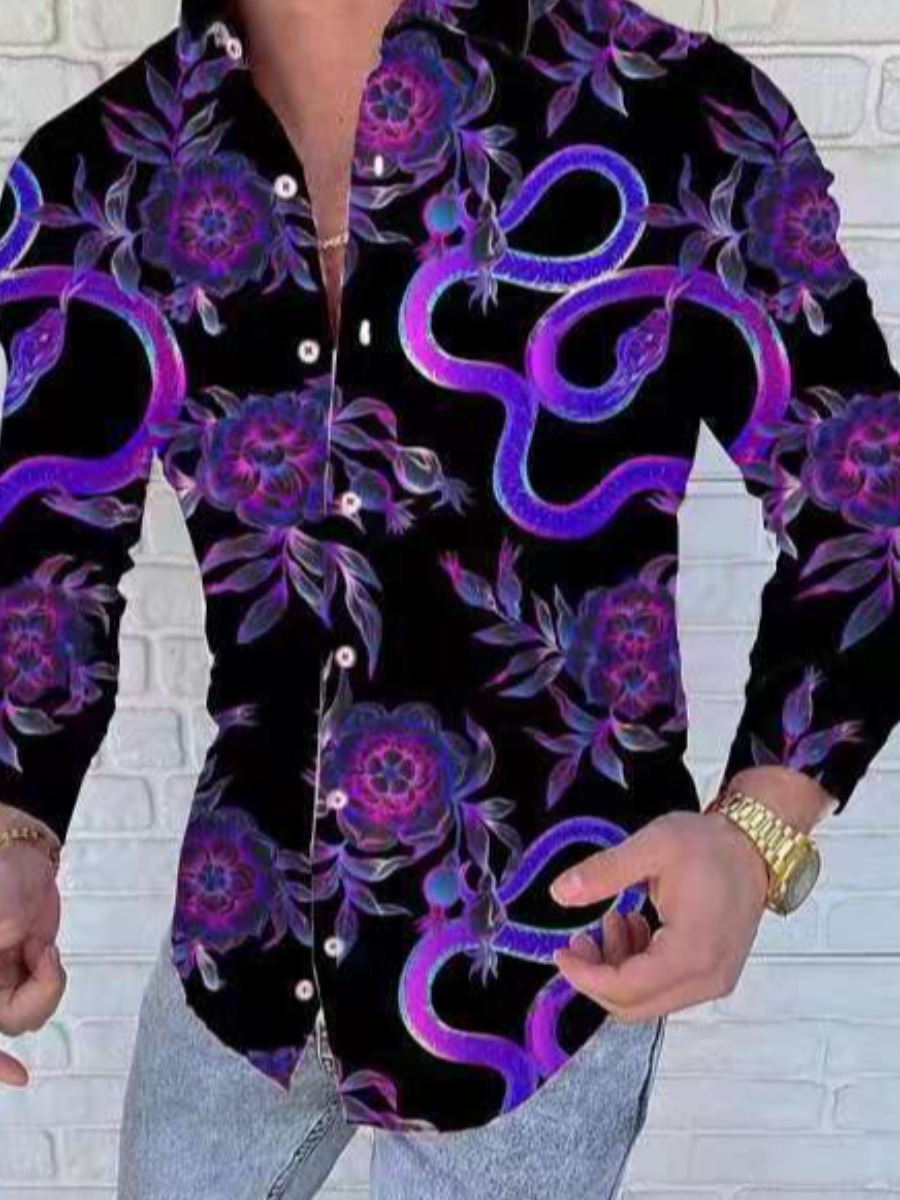 

LW Men Snake Floral Print Shirt, Purple
